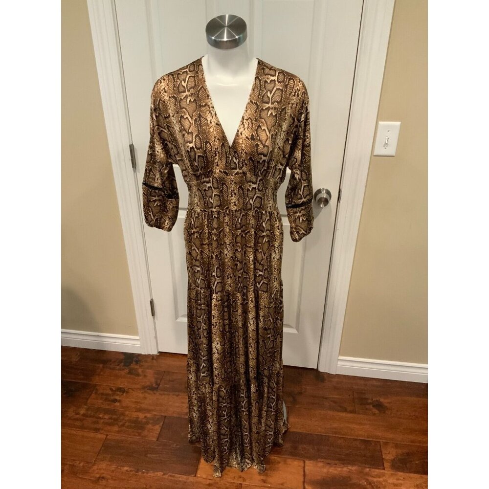 Muche Muchette Brown Snakeskin Print Long Sleeve Maxi Dress, One Size